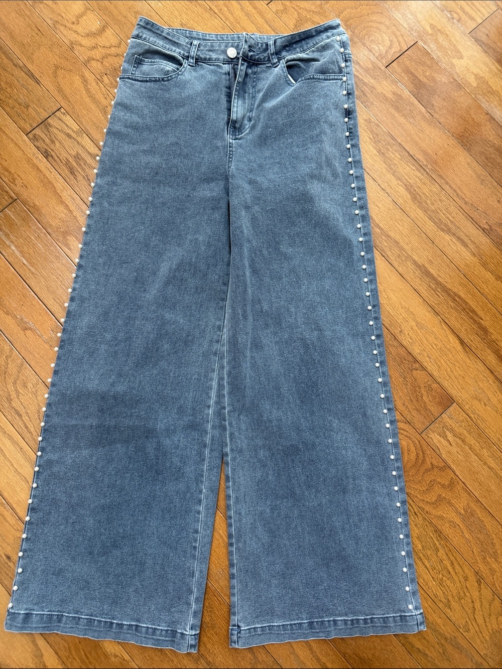 entro Wide-Leg Jeans with Pearl Side Trim - Washed Blue